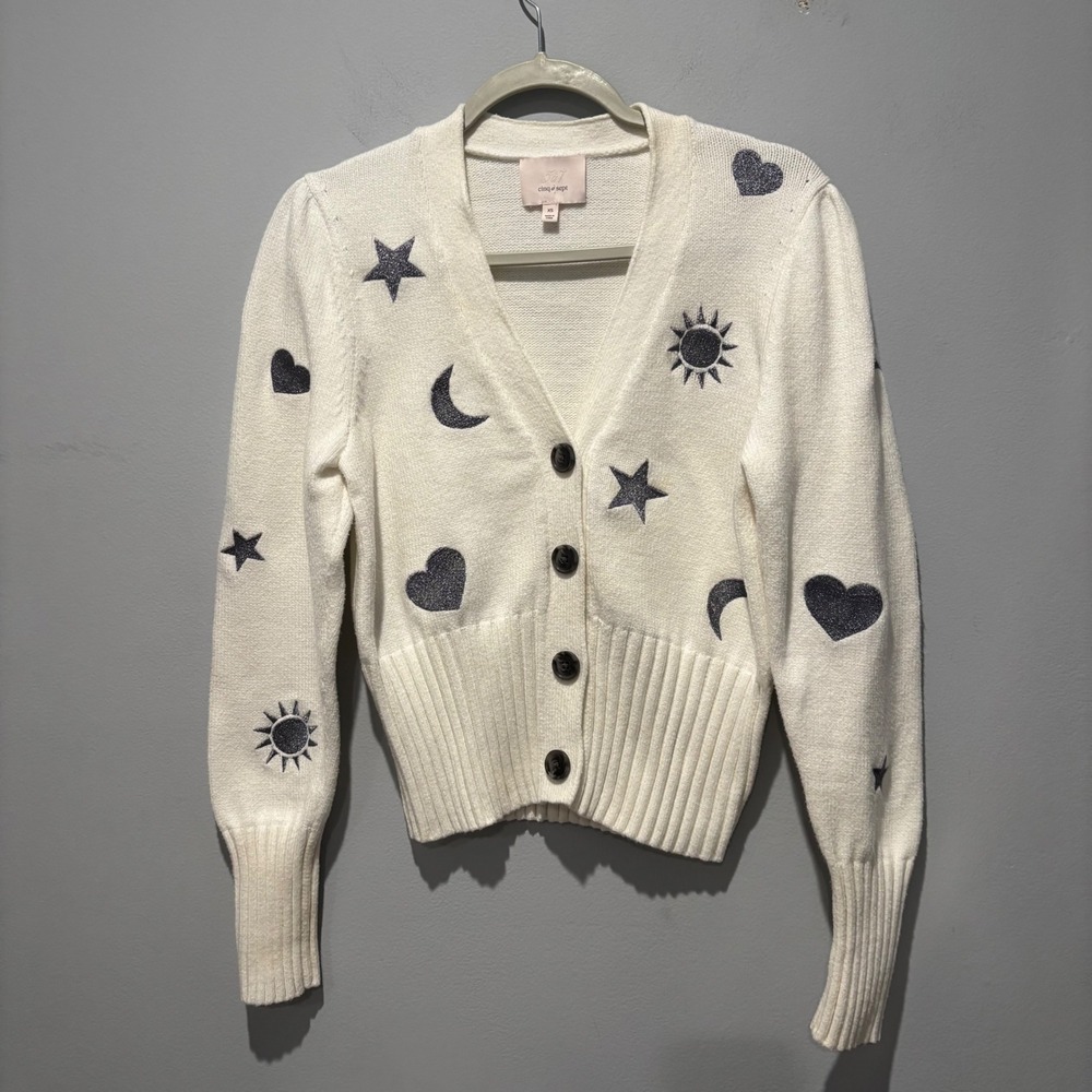 Cinq a Sept Celestial Embroidered Cardigan Ivory Moon Star Heart Sweater XS‎